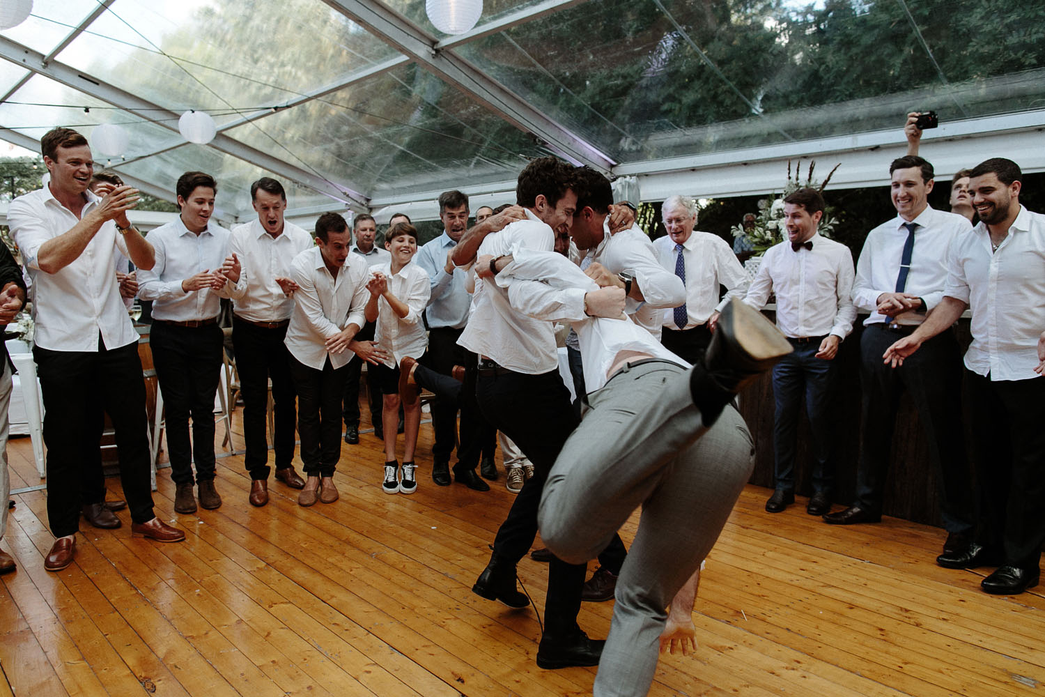 guests dancing hora jewish wedding