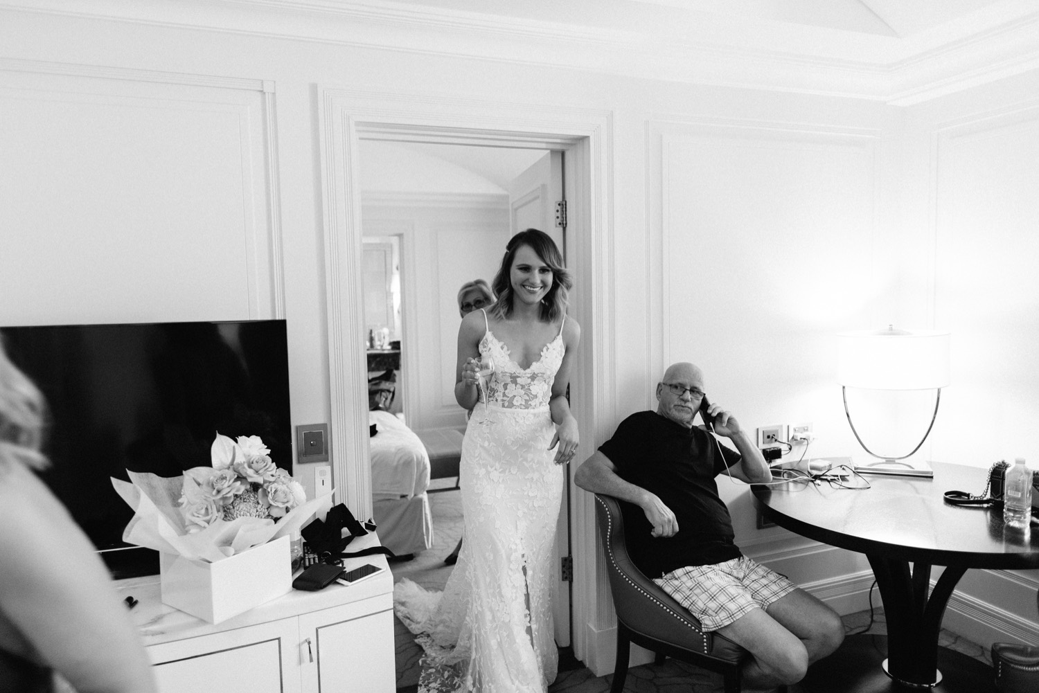 dad seeing bride in her wedding dress for the first time
