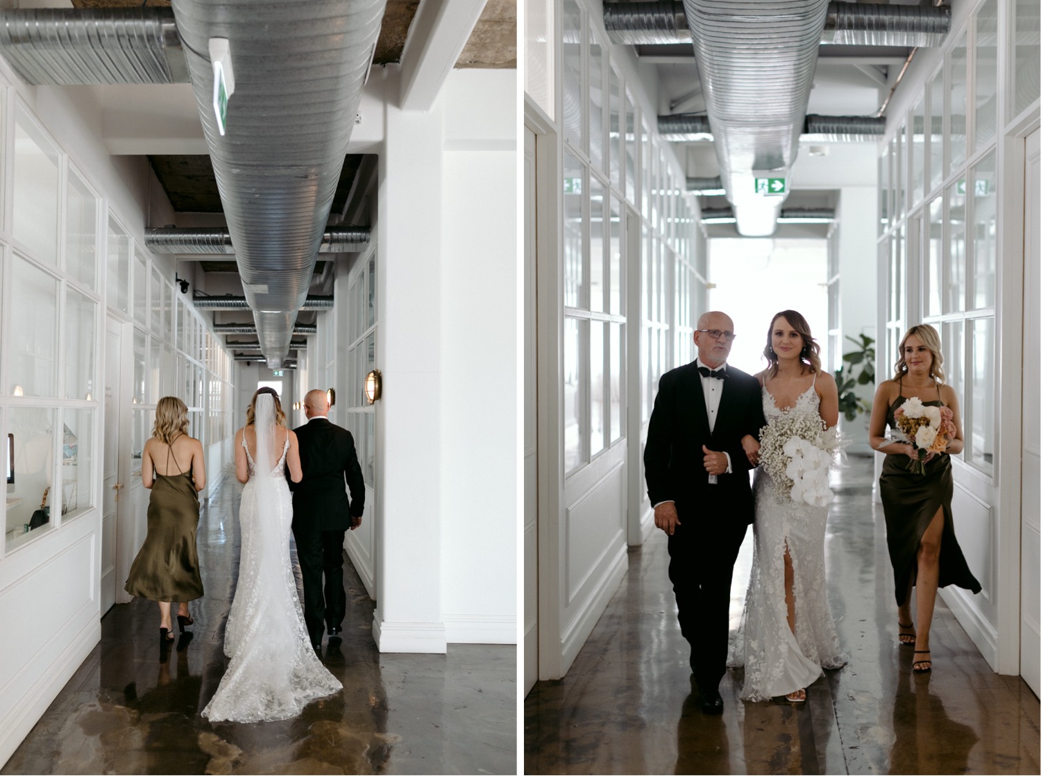 bride and dad in hallway of best creative space in sydney