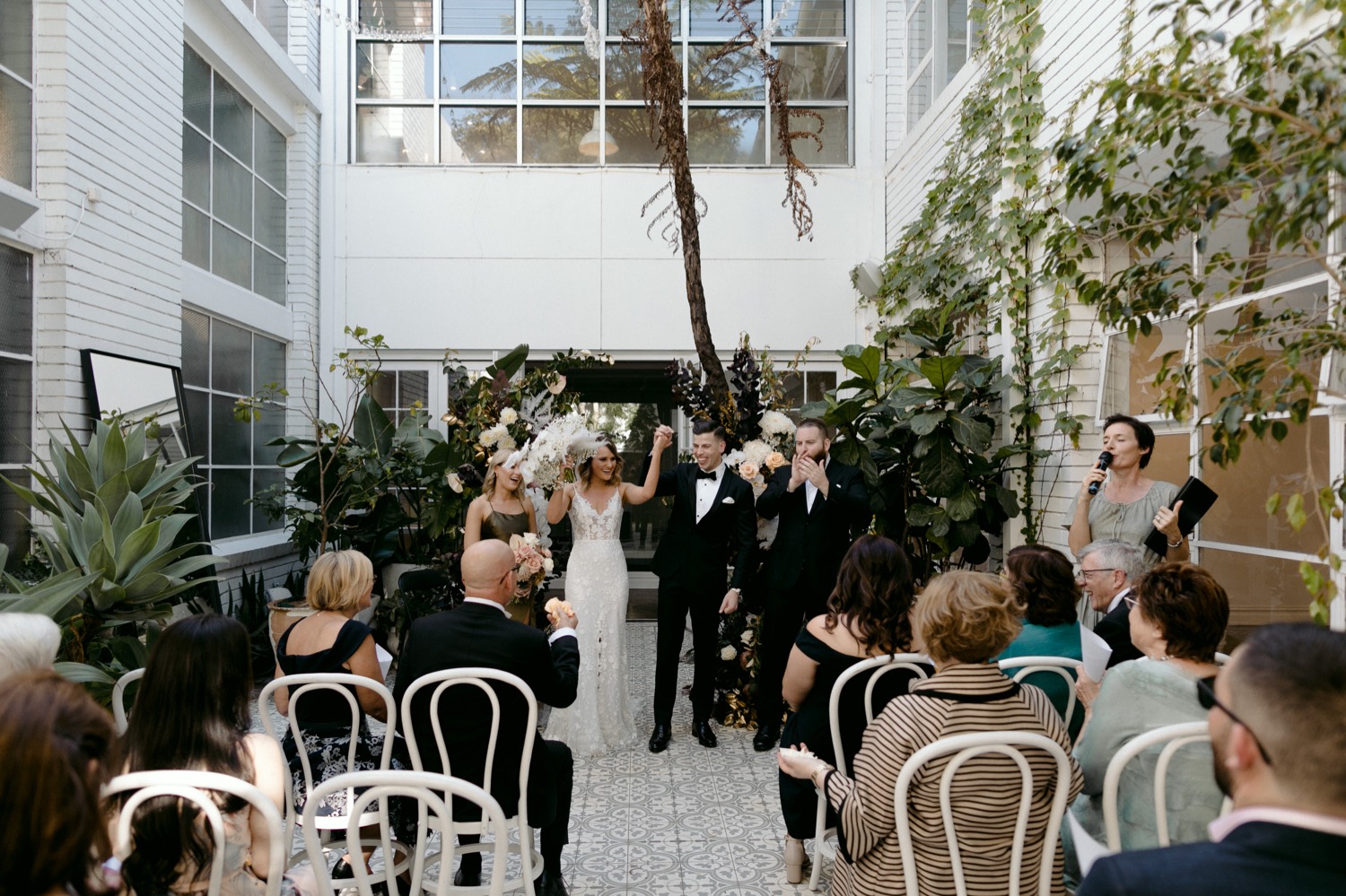 wide shot of wedding ceremony at la pore space