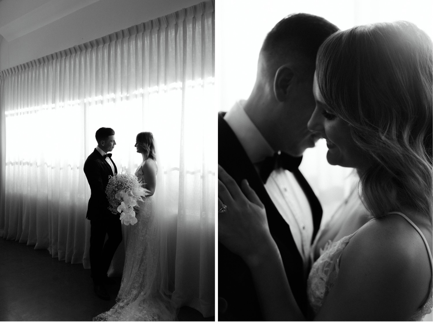 romantic back lit portraits of bride and groom in front of a curtain