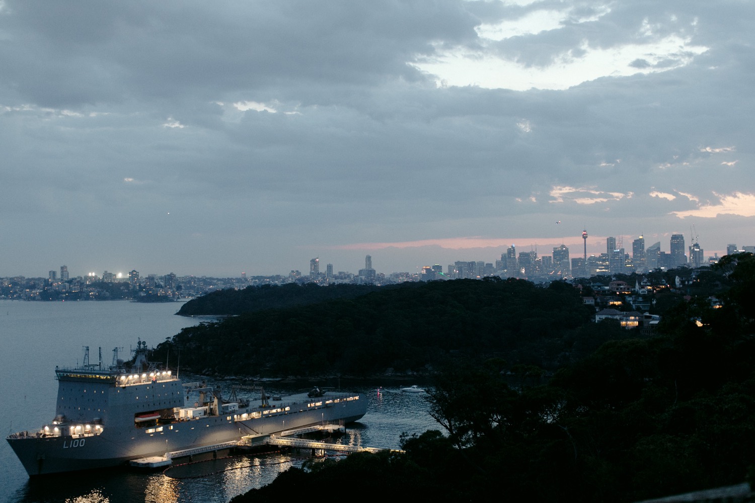 image at dusk looking over sydney harbour from gunners barracks