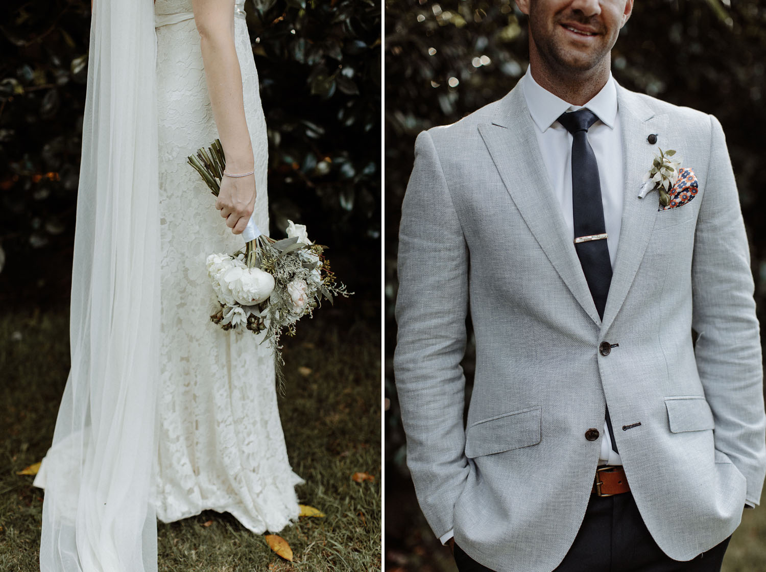 bride flowers groom suit