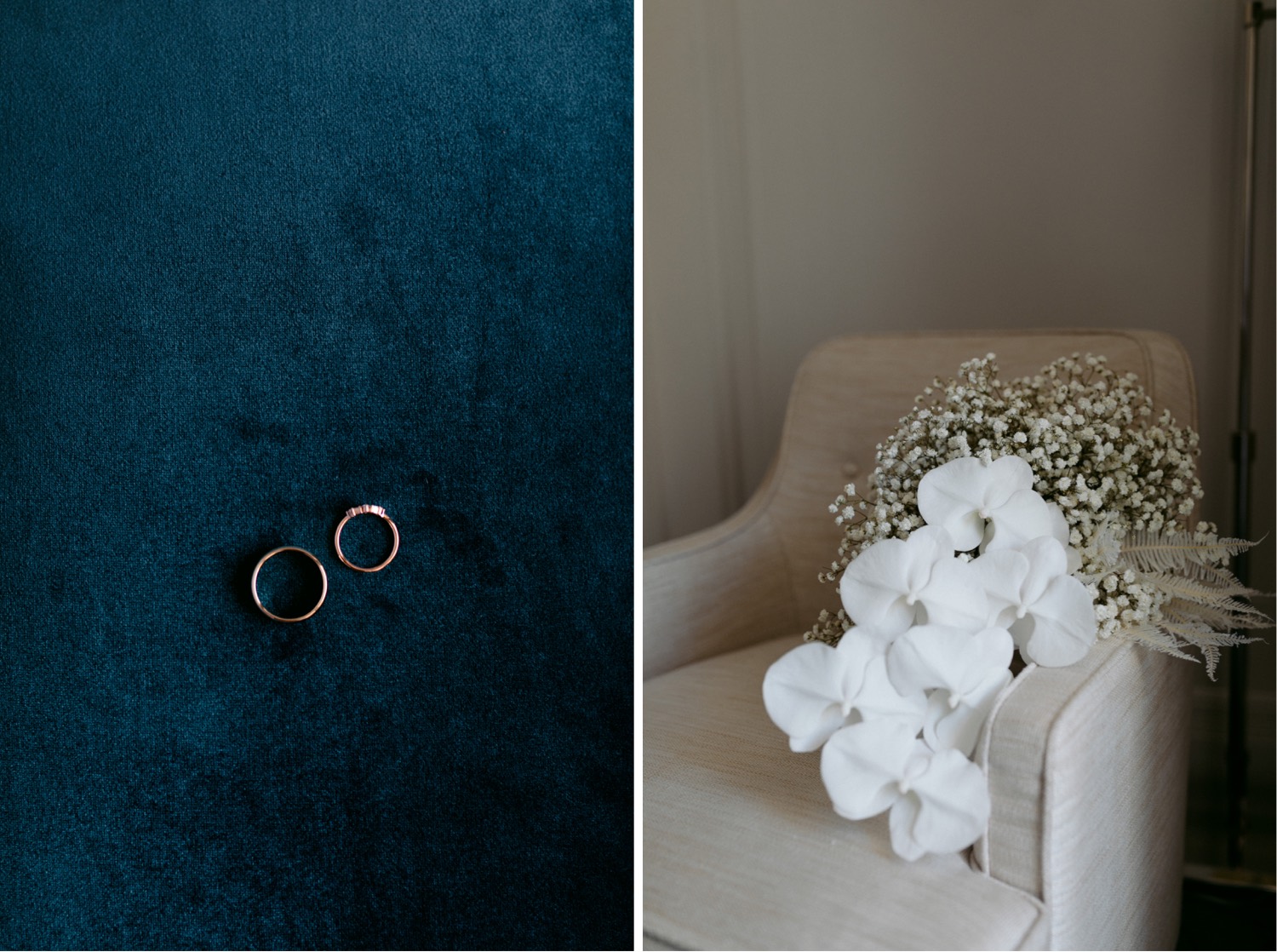 close up on weddings rings against dark blue velvet